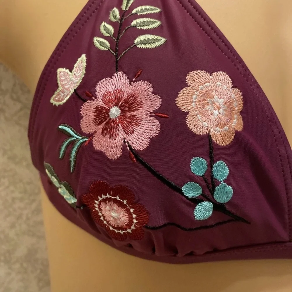 Time and Tru Burgundy Floral Bikini Top